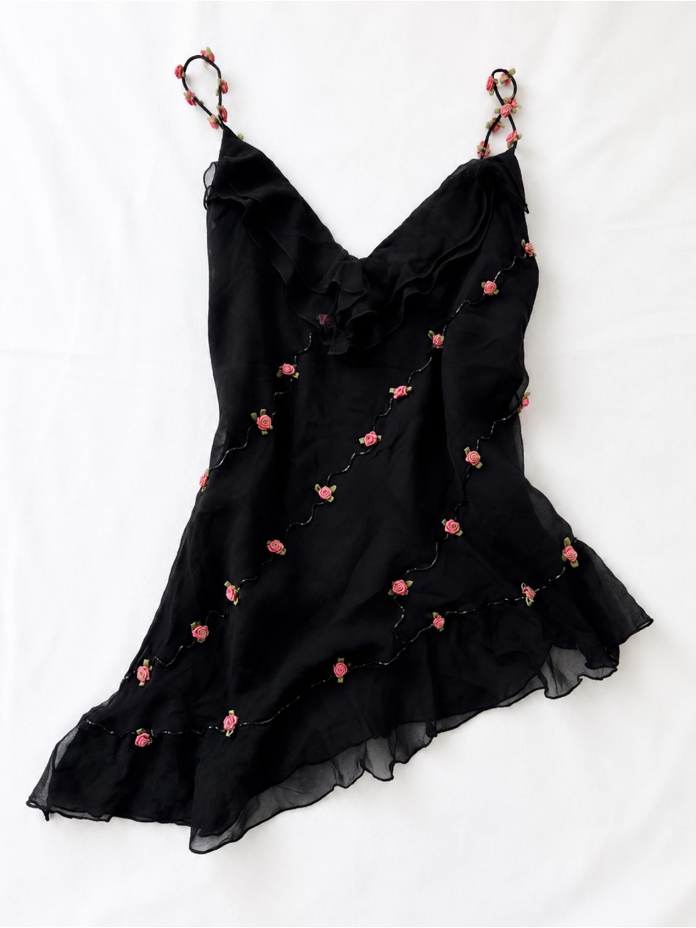 ECI New York Black Silk Floral Rosette Ruffle
Cami Babydoll Top